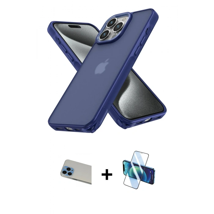 MARSİLYAN™- iPhone 13 Pro Max Kılıf Atlas Form - Siyah 3D Antistatik Cam Ekran Koruyucu + Rainbow Kamera Lens Koruma Cam - MI