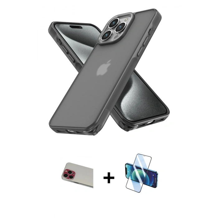 MARSİLYAN™- iPhone 13 Pro Max Kılıf Atlas Form - Siyah 3D Antistatik Cam Ekran Koruyucu + Rainbow Kamera Lens Koruma Cam - KI