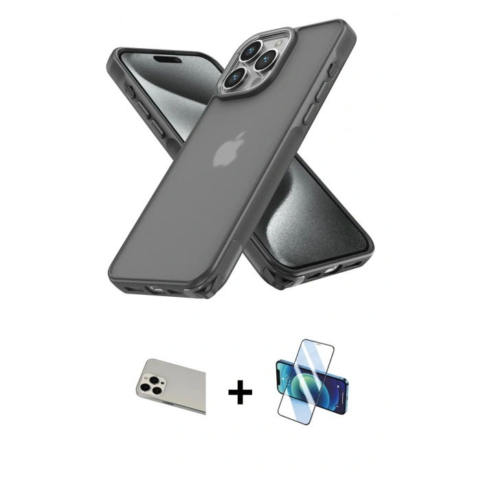 MARSİLYAN™- iPhone 13 Pro Max Kılıf Atlas Form - Siyah 3D Antistatik Cam Ekran Koruyucu + Rainbow Kamera Lens Koruma Cam - BZ