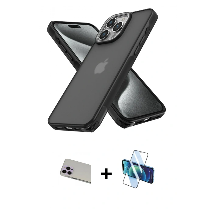 MARSİLYAN™- iPhone 13 Pro Max Kılıf Atlas Form - Siyah 3D Antistatik Cam Ekran Koruyucu + Rainbow Kamera Lens Koruma Cam - MR