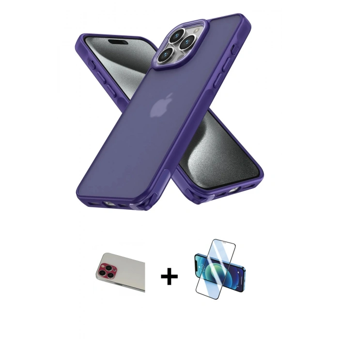 MARSİLYAN™- iPhone 13 Pro Max Kılıf Atlas Form - Siyah 3D Antistatik Cam Ekran Koruyucu + Rainbow Kamera Lens Koruma Cam - KI