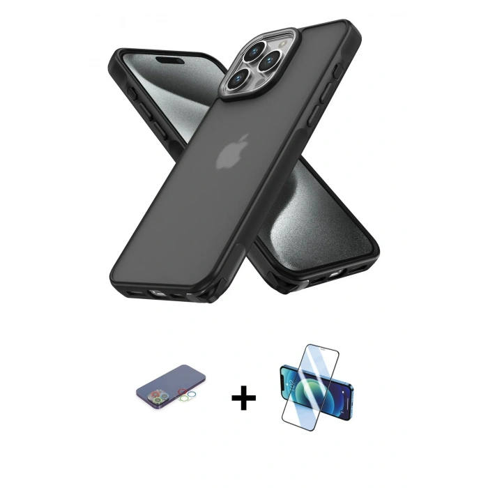 MARSİLYAN™- iPhone 13 Pro Max Kılıf Atlas Form - Siyah 3D Antistatik Cam Ekran Koruyucu + Renkli Kamera Lens Koruma Cam - MI
