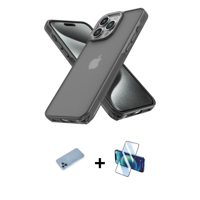 MARSİLYAN™- iPhone 13 Pro Max Kılıf Atlas Form - Siyah 3D Antistatik Cam Ekran Koruyucu + Shine Kamera Lens Koruma Cam - MI