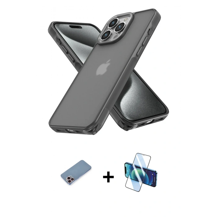 MARSİLYAN™- iPhone 13 Pro Max Kılıf Atlas Form - Siyah 3D Antistatik Cam Ekran Koruyucu + Shine Kamera Lens Koruma Cam - PE