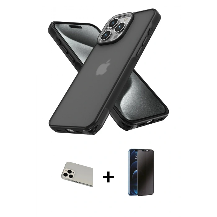 MARSİLYAN™- iPhone 13 Pro Max Kılıf Atlas Form - Siyah 3D Antistatik Hayalet Cam Ekran Koruyucu + Rainbow Kamera Lens Koruma Cam - BZ