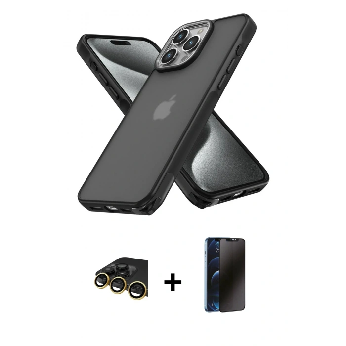MARSİLYAN™- iPhone 13 Pro Max Kılıf Atlas Form - Siyah 3D Antistatik Hayalet Cam Ekran Koruyucu + Raze Metal Kamera Lens - GD