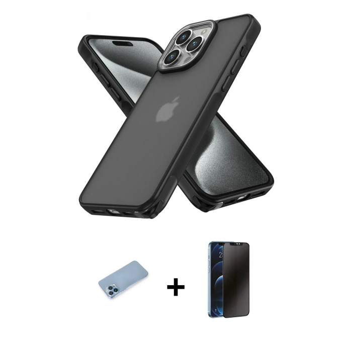 MARSİLYAN™- iPhone 13 Pro Max Kılıf Atlas Form - Siyah 3D Antistatik Hayalet Cam Ekran Koruyucu + Shine Kamera Lens Koruma Cam - MI
