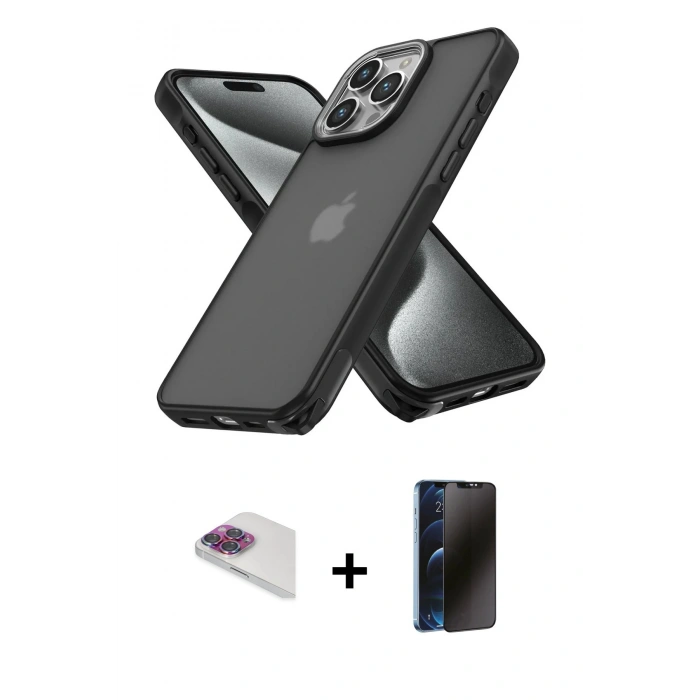 MARSİLYAN™- iPhone 13 Pro Max Kılıf Atlas Form - Siyah 3D Antistatik Hayalet Cam Ekran Koruyucu + Pers Alüminyum Kamera Lens - GI