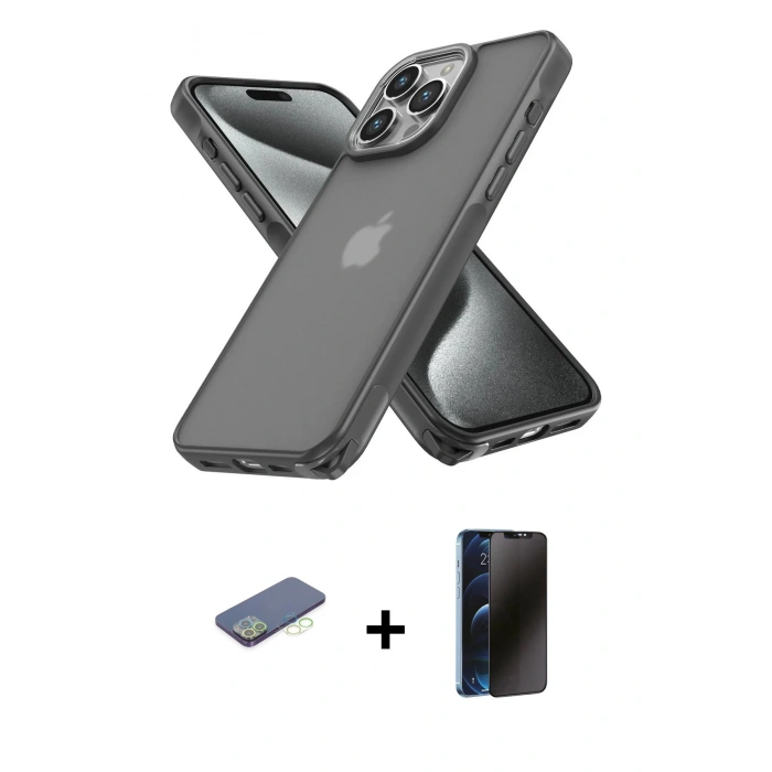 MARSİLYAN™- iPhone 13 Pro Max Kılıf Atlas Form - Siyah 3D Antistatik Hayalet Cam Ekran Koruyucu + Renkli Kamera Lens Koruma Cam - YL
