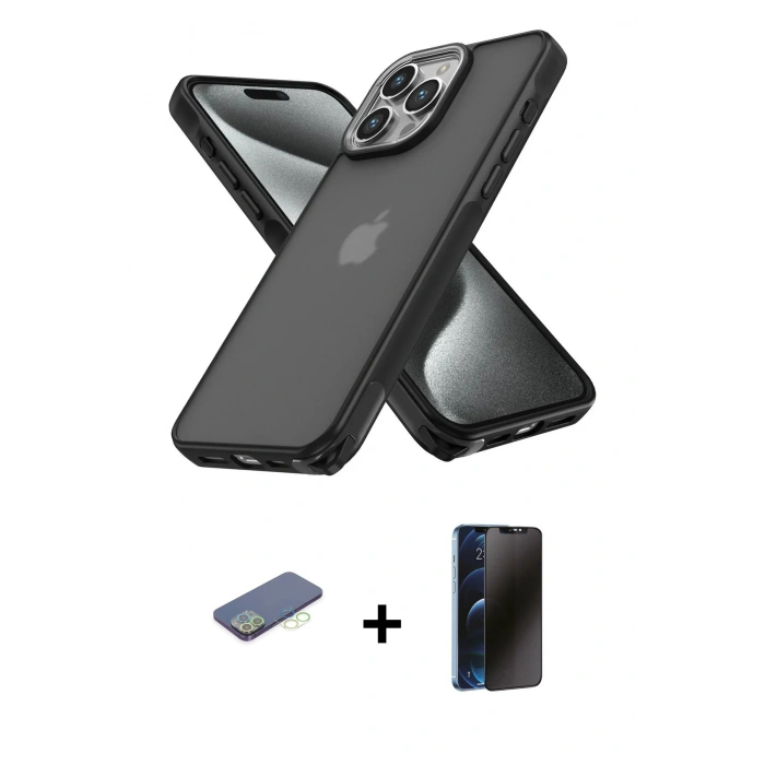 MARSİLYAN™- iPhone 13 Pro Max Kılıf Atlas Form - Siyah 3D Antistatik Hayalet Cam Ekran Koruyucu + Renkli Kamera Lens Koruma Cam - YL