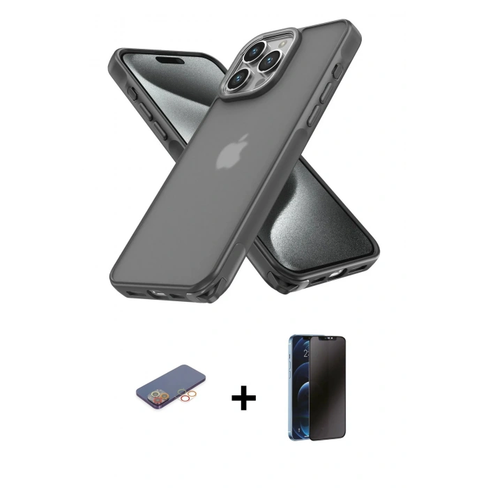 MARSİLYAN™- iPhone 13 Pro Max Kılıf Atlas Form - Siyah 3D Antistatik Hayalet Cam Ekran Koruyucu + Renkli Kamera Lens Koruma Cam - TU