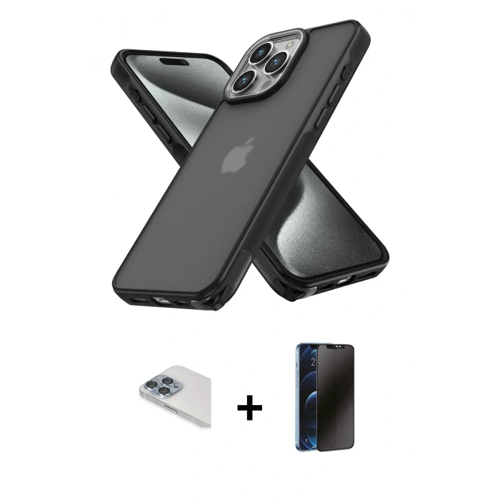 MARSİLYAN™- iPhone 13 Pro Max Kılıf Atlas Form - Siyah 3D Antistatik Hayalet Cam Ekran Koruyucu + Pers Alüminyum Kamera Lens - SABE