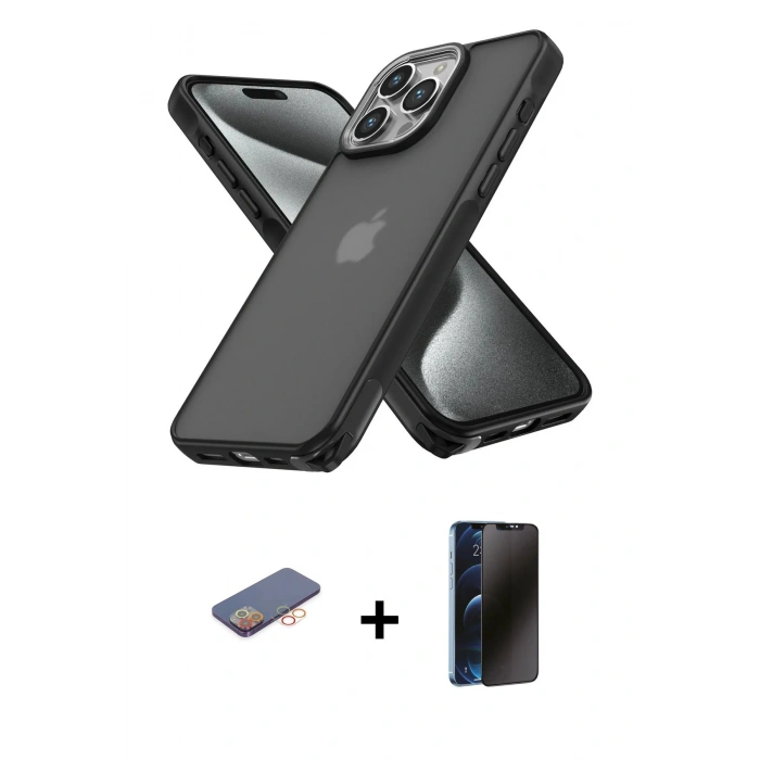 MARSİLYAN™- iPhone 13 Pro Max Kılıf Atlas Form - Siyah 3D Antistatik Hayalet Cam Ekran Koruyucu + Renkli Kamera Lens Koruma Cam - TU
