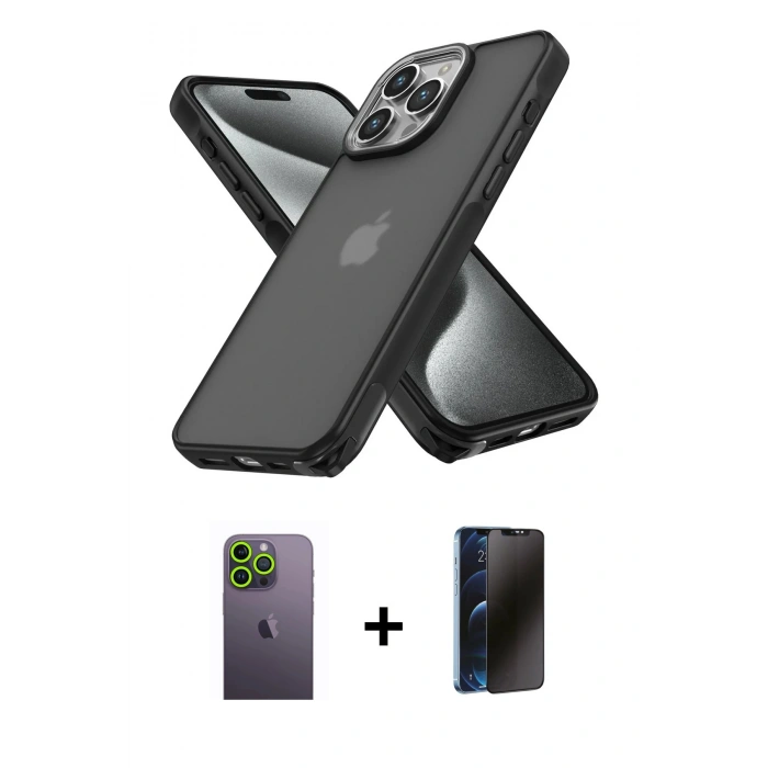 MARSİLYAN™- iPhone 13 Pro Max Kılıf Atlas Form - Siyah 3D Antistatik Hayalet Cam Ekran Koruyucu + Neon Fosforlu Kamera Lens - YL