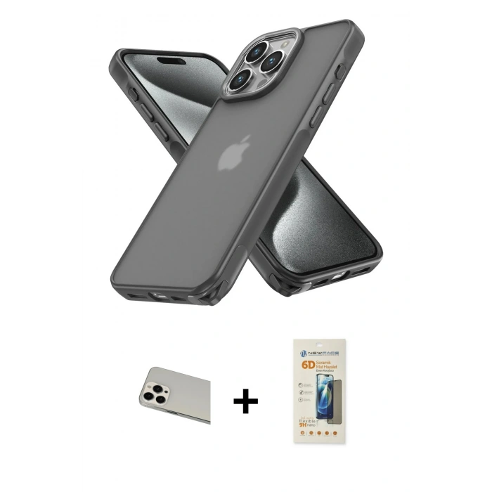 MARSİLYAN™- iPhone 13 Pro Max Kılıf Atlas Form - Siyah 6D Mat Seramik Hayalet Nano Ekran Koruyucu + Rainbow Kamera Lens Koruma Cam - BZ