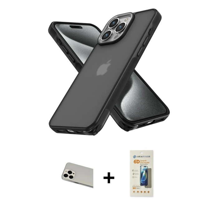 MARSİLYAN™- iPhone 13 Pro Max Kılıf Atlas Form - Siyah 6D Mat Seramik Hayalet Nano Ekran Koruyucu + Rainbow Kamera Lens Koruma Cam - BZ