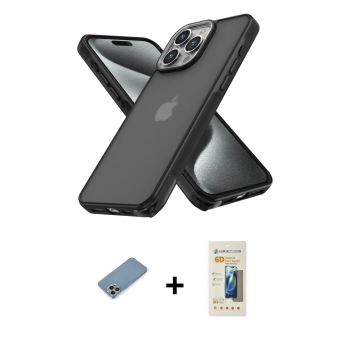 MARSİLYAN™- iPhone 13 Pro Max Kılıf Atlas Form - Siyah 6D Mat Seramik Hayalet Nano Ekran Koruyucu + Shine Kamera Lens Koruma Cam - GI