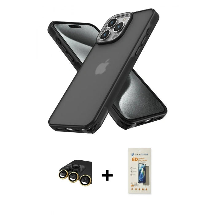 MARSİLYAN™- iPhone 13 Pro Max Kılıf Atlas Form - Siyah 6D Mat Seramik Hayalet Nano Ekran Koruyucu + Raze Metal Kamera Lens - GD