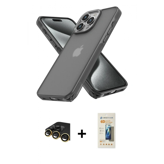 MARSİLYAN™- iPhone 13 Pro Max Kılıf Atlas Form - Siyah 6D Mat Seramik Hayalet Nano Ekran Koruyucu + Raze Metal Kamera Lens - GD