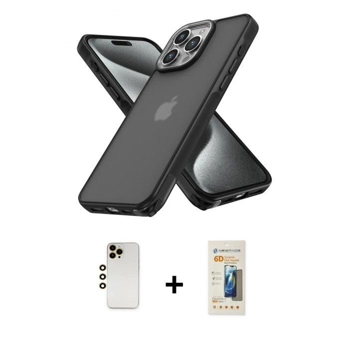 MARSİLYAN™- iPhone 13 Pro Max Kılıf Atlas Form - Siyah 6D Mat Seramik Hayalet Nano Ekran Koruyucu + Shine Kamera Lens - GD