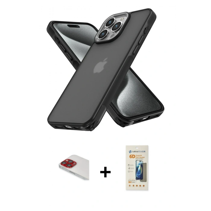 MARSİLYAN™- iPhone 13 Pro Max Kılıf Atlas Form - Siyah 6D Mat Seramik Hayalet Nano Ekran Koruyucu + Pers Alüminyum Kamera Lens - KI