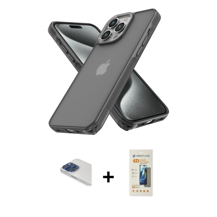 MARSİLYAN™- iPhone 13 Pro Max Kılıf Atlas Form - Siyah 6D Mat Seramik Hayalet Nano Ekran Koruyucu + Pers Alüminyum Kamera Lens - LT