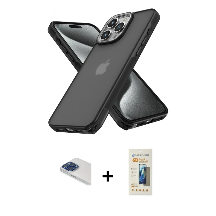 MARSİLYAN™- iPhone 13 Pro Max Kılıf Atlas Form - Siyah 6D Mat Seramik Hayalet Nano Ekran Koruyucu + Pers Alüminyum Kamera Lens - LT