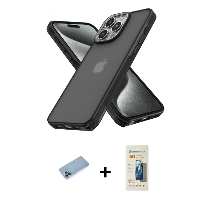 MARSİLYAN™- iPhone 13 Pro Max Kılıf Atlas Form - Siyah 6D Mat Seramik Hayalet Nano Ekran Koruyucu + Shine Kamera Lens Koruma Cam - MI