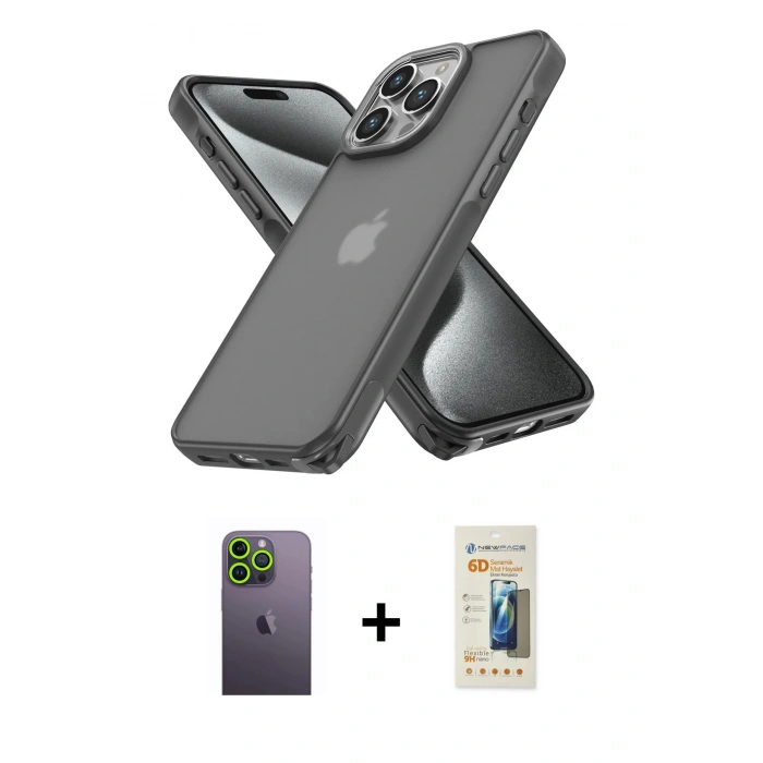 MARSİLYAN™- iPhone 13 Pro Max Kılıf Atlas Form - Siyah 6D Mat Seramik Hayalet Nano Ekran Koruyucu + Neon Fosforlu Kamera Lens - YL