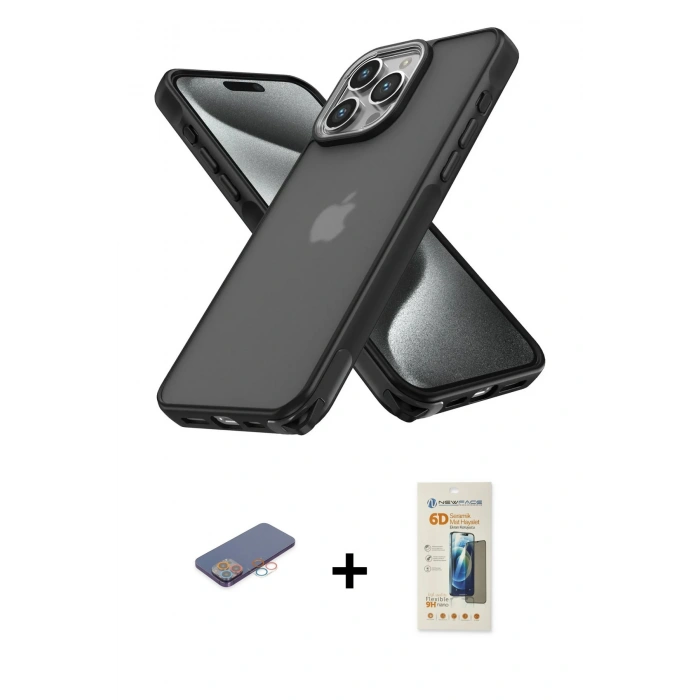 MARSİLYAN™- iPhone 13 Pro Max Kılıf Atlas Form - Siyah 6D Mat Seramik Hayalet Nano Ekran Koruyucu + Renkli Kamera Lens Koruma Cam - PE