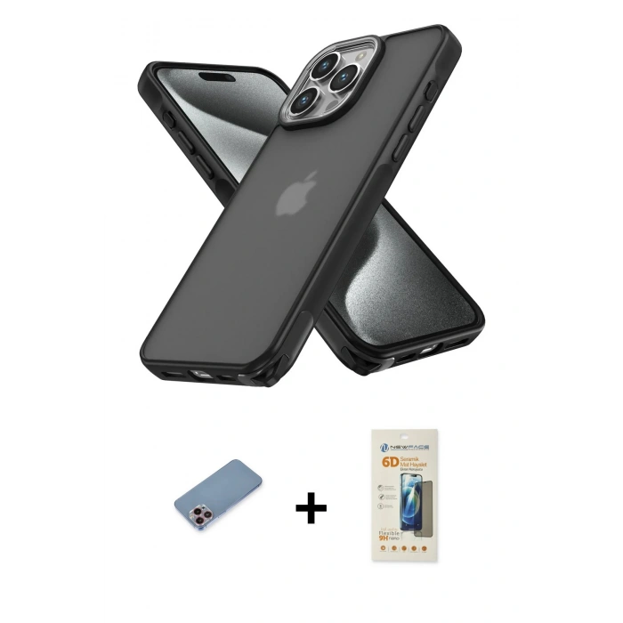 MARSİLYAN™- iPhone 13 Pro Max Kılıf Atlas Form - Siyah 6D Mat Seramik Hayalet Nano Ekran Koruyucu + Shine Kamera Lens Koruma Cam - PE