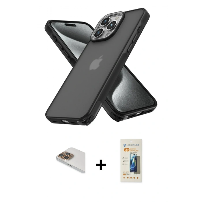 MARSİLYAN™- iPhone 13 Pro Max Kılıf Atlas Form - Siyah 6D Mat Seramik Hayalet Nano Ekran Koruyucu + Pers Alüminyum Kamera Lens - GD