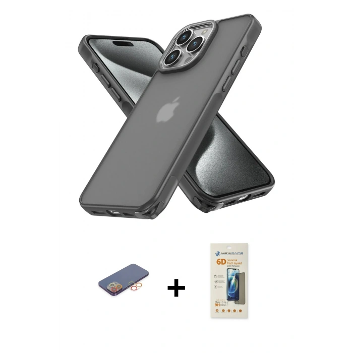 MARSİLYAN™- iPhone 13 Pro Max Kılıf Atlas Form - Siyah 6D Mat Seramik Hayalet Nano Ekran Koruyucu + Renkli Kamera Lens Koruma Cam - TU