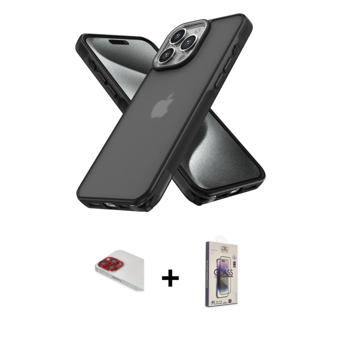 MARSİLYAN™- iPhone 13 Pro Max Kılıf Atlas Form - Siyah Bilvis 3D Cam Ekran Koruyucu + Pers Alüminyum Kamera Lens - KI