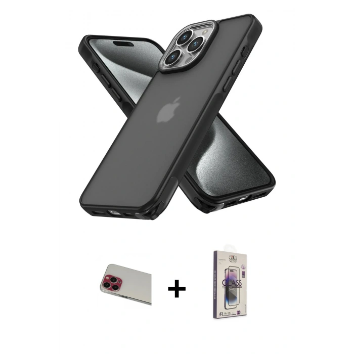 MARSİLYAN™- iPhone 13 Pro Max Kılıf Atlas Form - Siyah Bilvis 3D Cam Ekran Koruyucu + Rainbow Kamera Lens Koruma Cam - KI