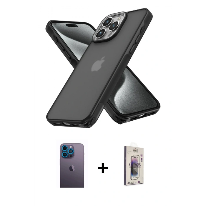 MARSİLYAN™- iPhone 13 Pro Max Kılıf Atlas Form - Siyah Bilvis 3D Cam Ekran Koruyucu + Neon Fosforlu Kamera Lens - MI