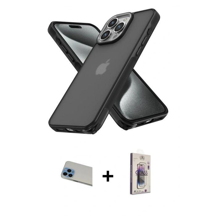 MARSİLYAN™- iPhone 13 Pro Max Kılıf Atlas Form - Siyah Bilvis 3D Cam Ekran Koruyucu + Mavi Rainbow Kamera Lens Koruma Cam