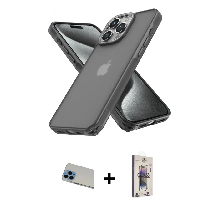MARSİLYAN™- iPhone 13 Pro Max Kılıf Atlas Form - Siyah Bilvis 3D Cam Ekran Koruyucu + Mavi Rainbow Kamera Lens Koruma Cam