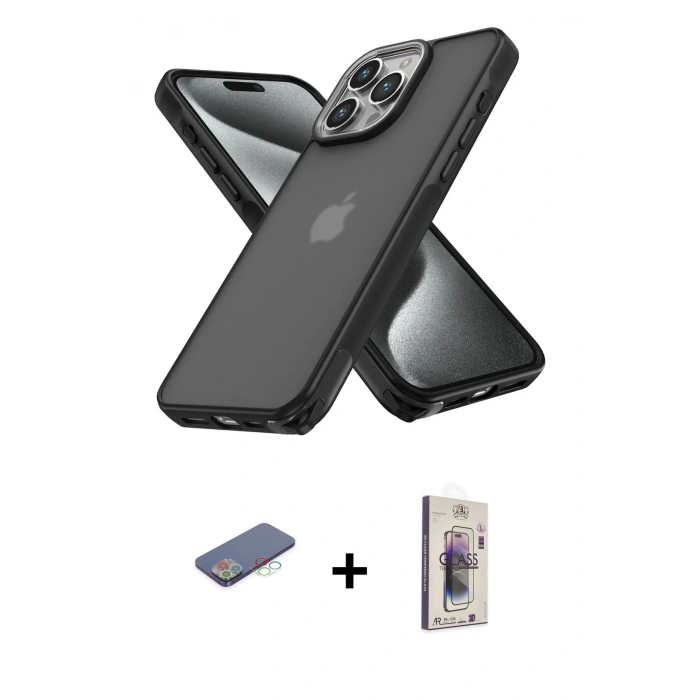 MARSİLYAN™- iPhone 13 Pro Max Kılıf Atlas Form - Siyah Bilvis 3D Cam Ekran Koruyucu + Renkli Kamera Lens Koruma Cam - MI