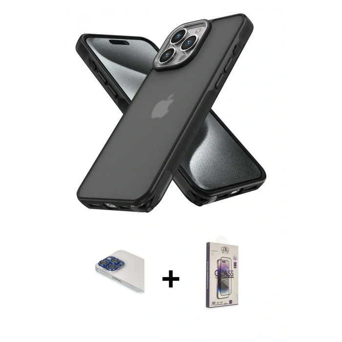 MARSİLYAN™- iPhone 13 Pro Max Kılıf Atlas Form - Siyah Bilvis 3D Cam Ekran Koruyucu + Pers Alüminyum Kamera Lens - LT