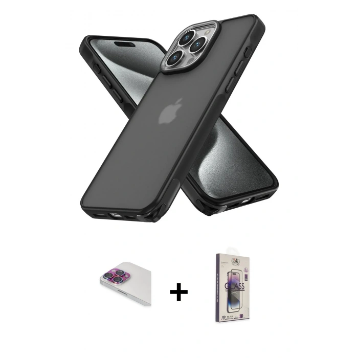 MARSİLYAN™- iPhone 13 Pro Max Kılıf Atlas Form - Siyah Bilvis 3D Cam Ekran Koruyucu + Pers Alüminyum Kamera Lens - GI