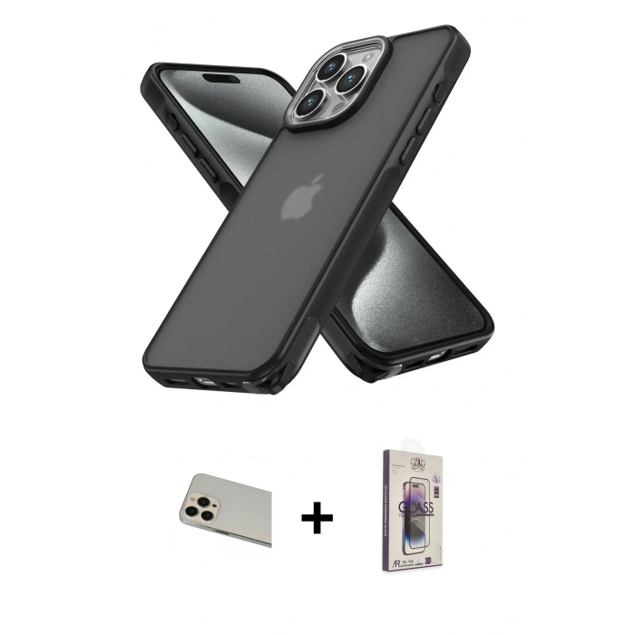 MARSİLYAN™- iPhone 13 Pro Max Kılıf Atlas Form - Siyah Bilvis 3D Cam Ekran Koruyucu + Rainbow Kamera Lens Koruma Cam - REGD