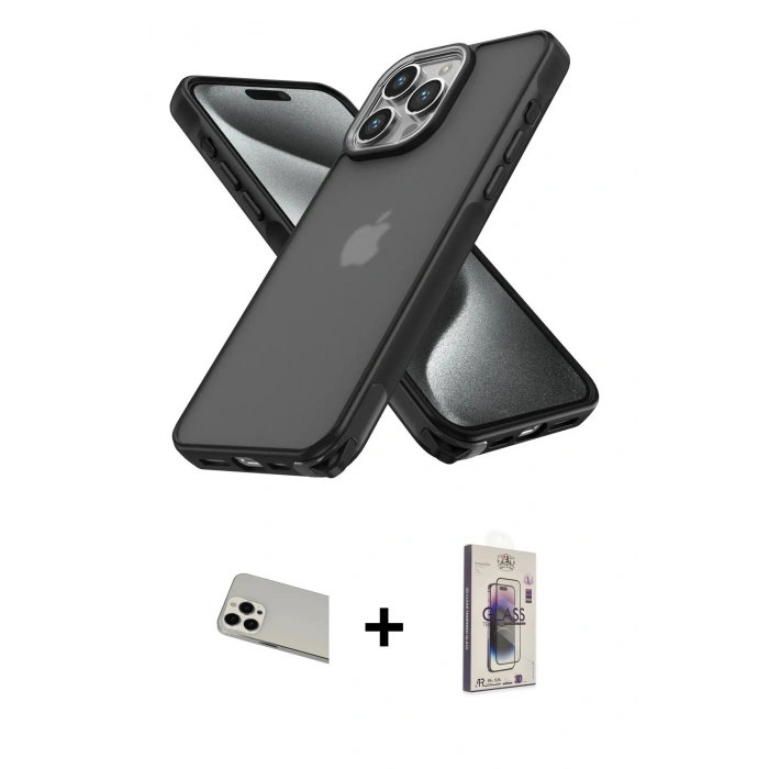 MARSİLYAN™- iPhone 13 Pro Max Kılıf Atlas Form - Siyah Bilvis 3D Cam Ekran Koruyucu + Rainbow Kamera Lens Koruma Cam - BZ
