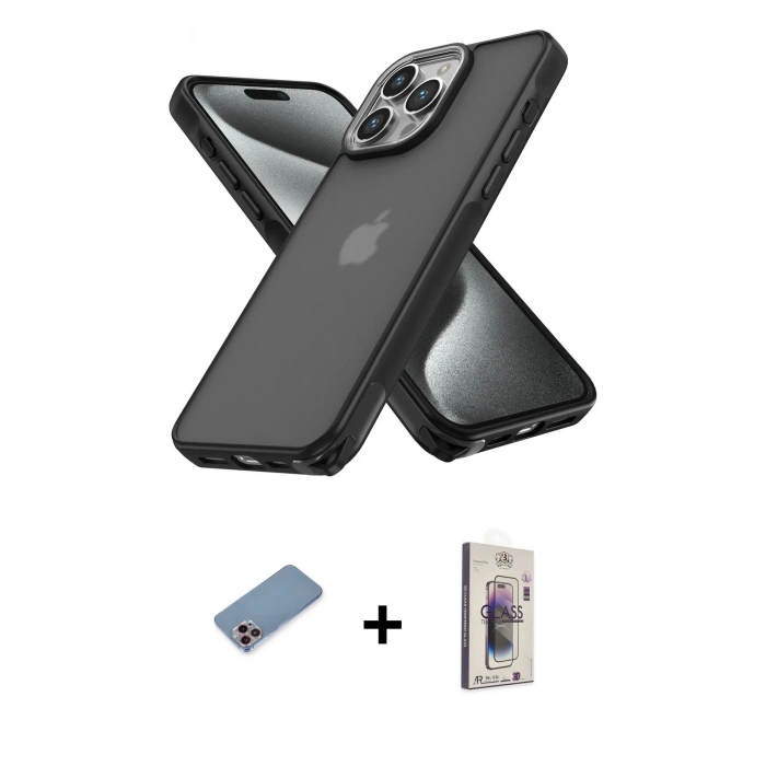 MARSİLYAN™- iPhone 13 Pro Max Kılıf Atlas Form - Siyah Bilvis 3D Cam Ekran Koruyucu + Shine Kamera Lens Koruma Cam - PE