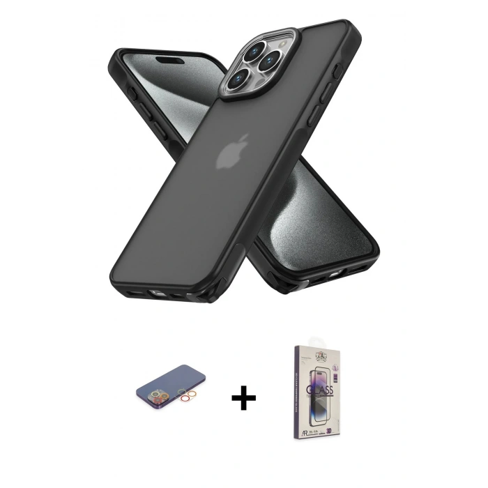 MARSİLYAN™- iPhone 13 Pro Max Kılıf Atlas Form - Siyah Bilvis 3D Cam Ekran Koruyucu + Renkli Kamera Lens Koruma Cam - TU