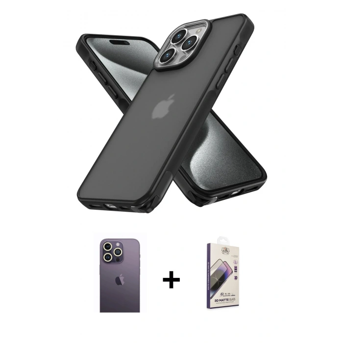 MARSİLYAN™- iPhone 13 Pro Max Kılıf Atlas Form - Siyah Bilvis 3D Mat Cam Ekran Koruyucu + Neon Fosforlu Kamera Lens - BZ