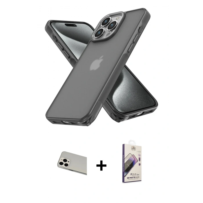 MARSİLYAN™- iPhone 13 Pro Max Kılıf Atlas Form - Siyah Bilvis 3D Mat Cam Ekran Koruyucu + Rainbow Kamera Lens Koruma Cam - BZ