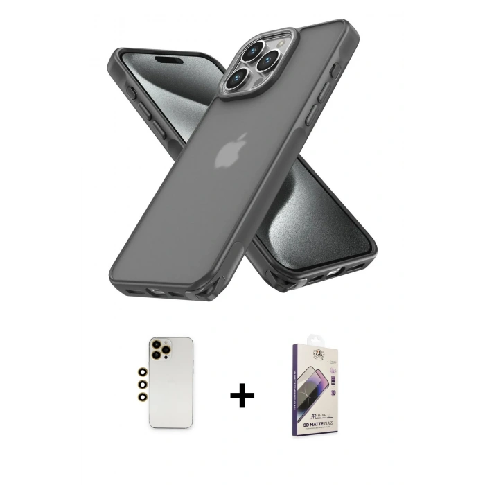 MARSİLYAN™- iPhone 13 Pro Max Kılıf Atlas Form - Siyah Bilvis 3D Mat Cam Ekran Koruyucu + Shine Kamera Lens - GD