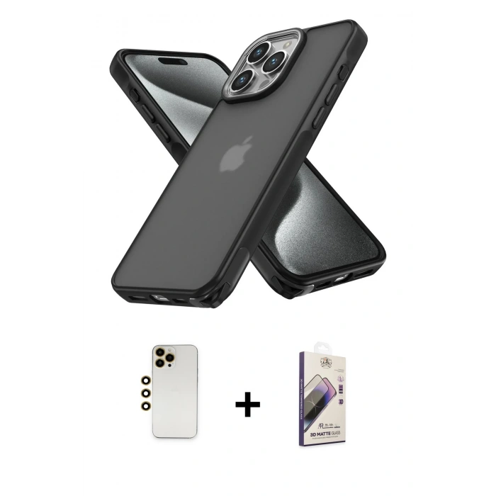 MARSİLYAN™- iPhone 13 Pro Max Kılıf Atlas Form - Siyah Bilvis 3D Mat Cam Ekran Koruyucu + Shine Kamera Lens - GD