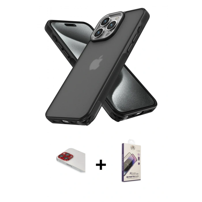 MARSİLYAN™- iPhone 13 Pro Max Kılıf Atlas Form - Siyah Bilvis 3D Mat Cam Ekran Koruyucu + Pers Alüminyum Kamera Lens - KI